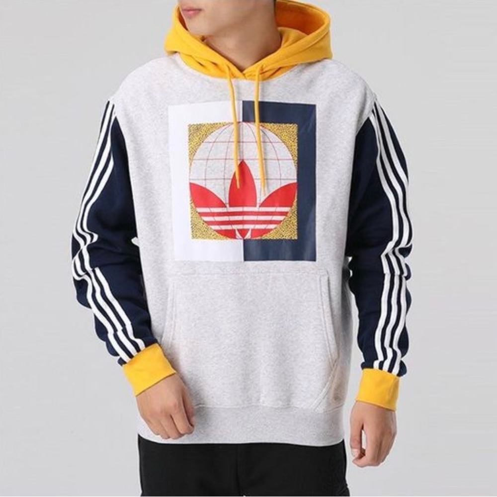 adidas Men's Blue Originals Globe Hdy Colorblock Logo Printing Fleece Lined L